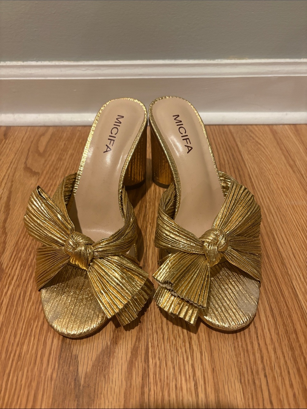 Gold Knot Bow High Heel Slide Sandals